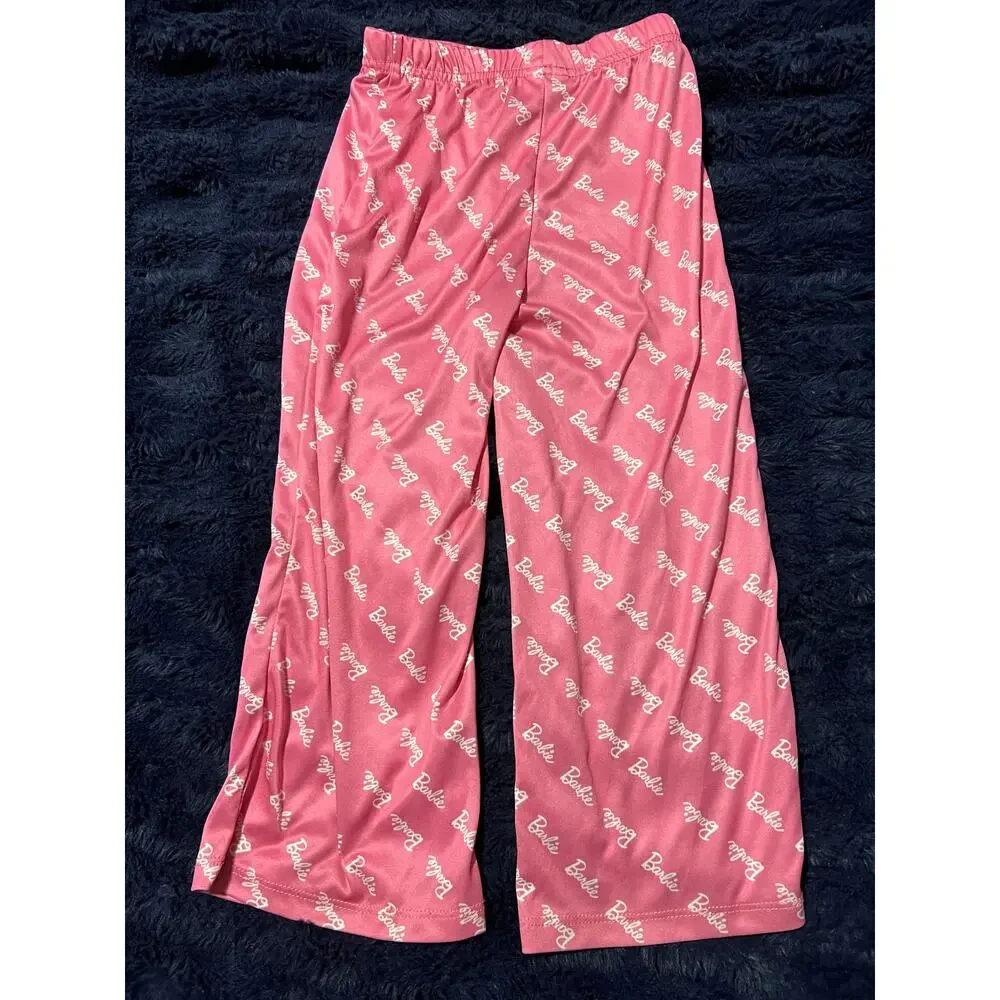Barbie Girls Pajama Set Size 5T Pink Logo Button Up Sleepwear EUC